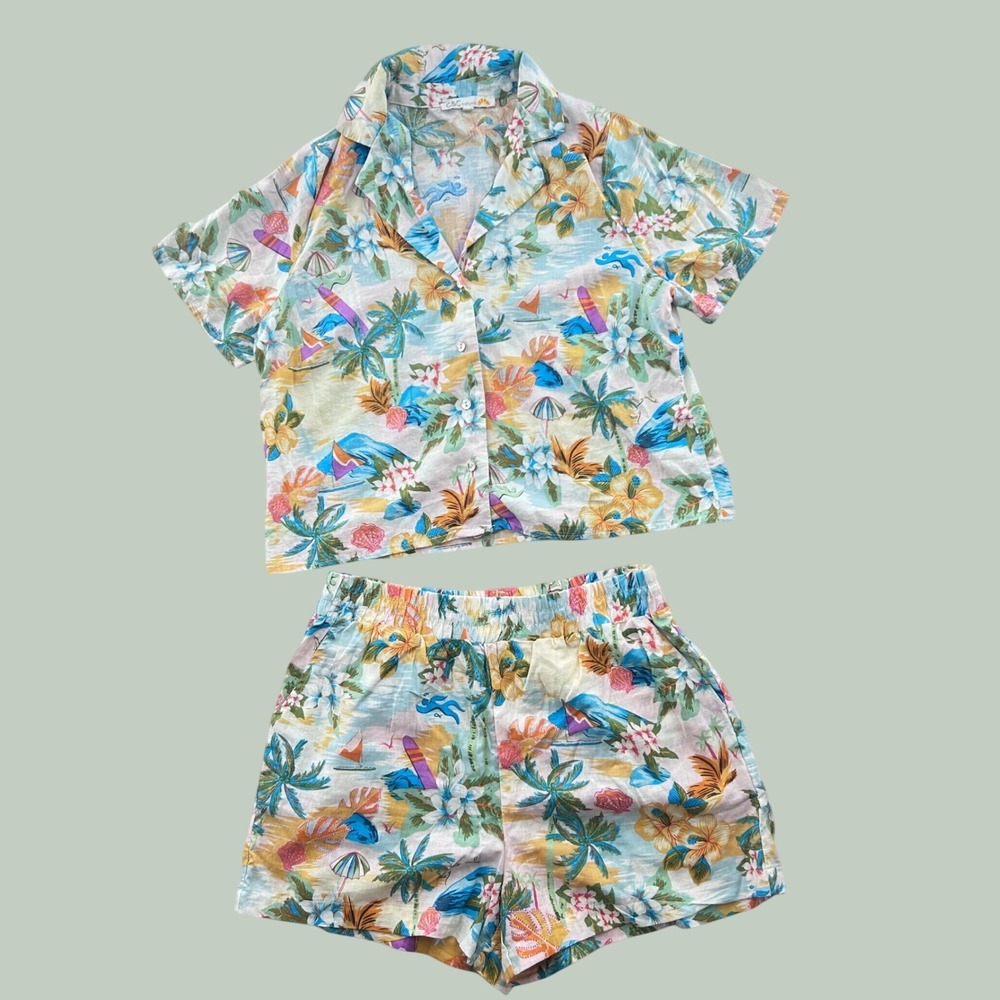 C&C California Women Tropical Print Linen Blend Shirt and Shorts Set Multicolor